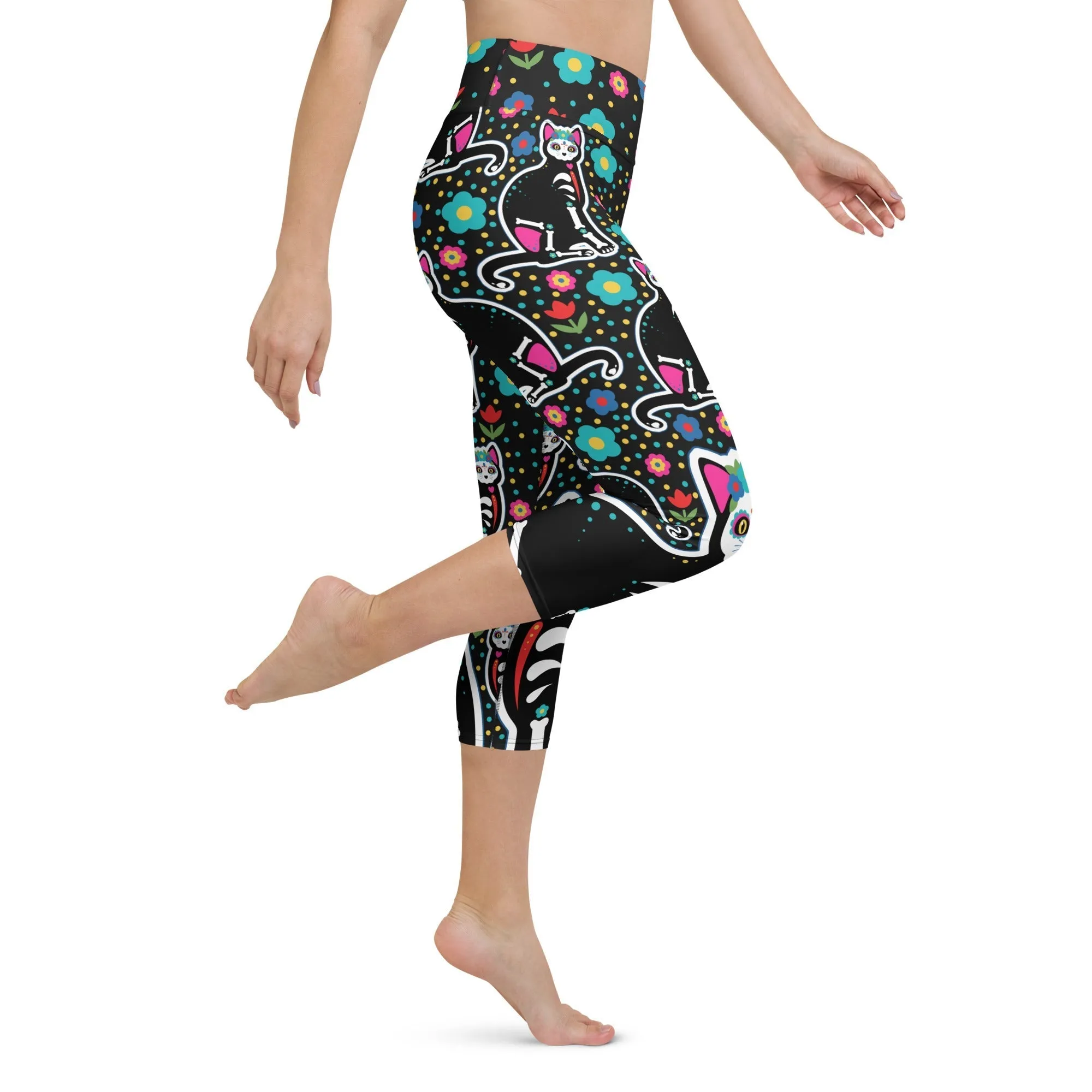 Day of the Dead Cat Print Yoga Capris