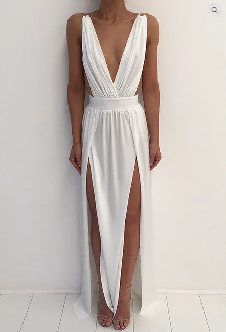 Deep V-neck Sleeveless Split Backless Sexy Long Dress