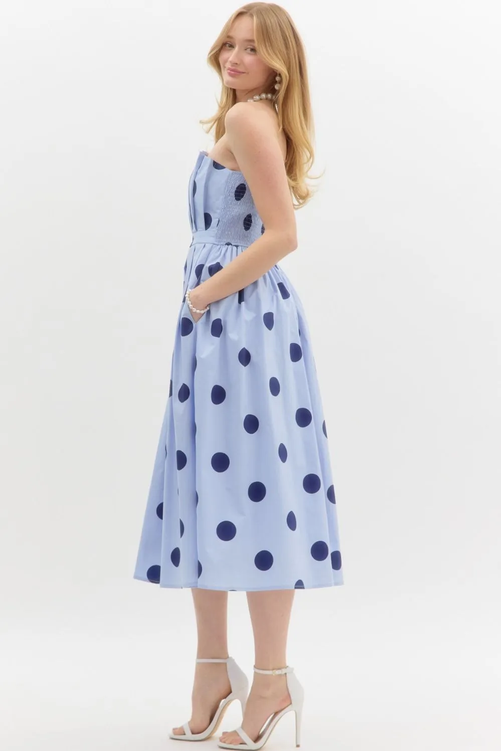 Entro Polka Dot Pleat Strapless Midi Dress