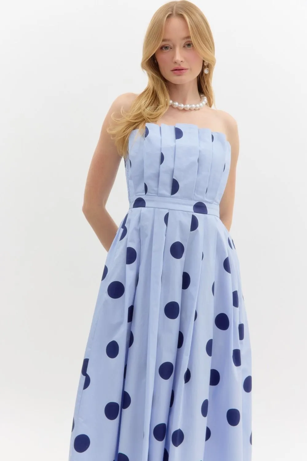 Entro Polka Dot Pleat Strapless Midi Dress