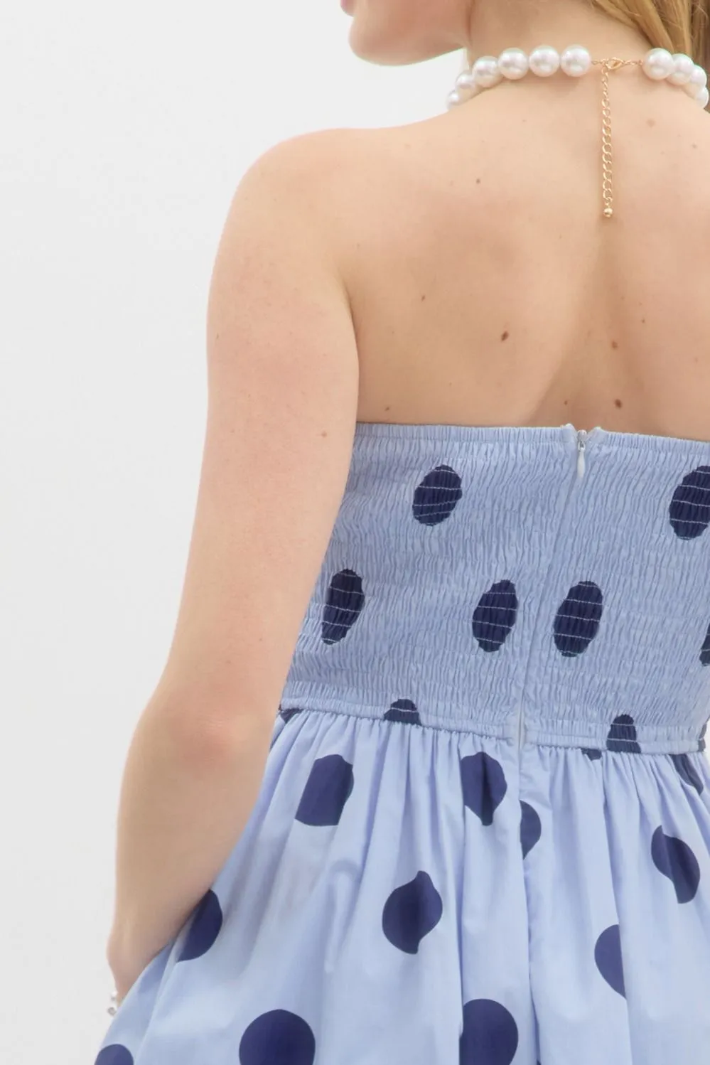 Entro Polka Dot Pleat Strapless Midi Dress