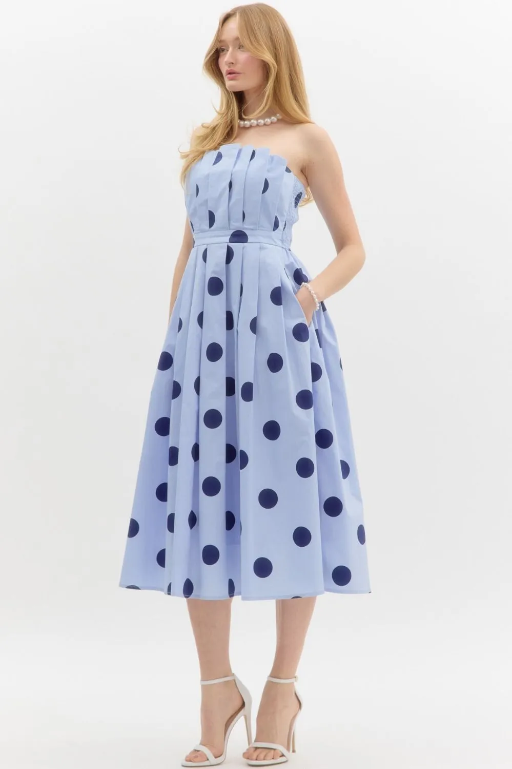 Entro Polka Dot Pleat Strapless Midi Dress