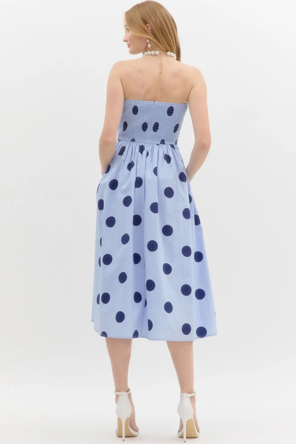 Entro Polka Dot Pleat Strapless Midi Dress