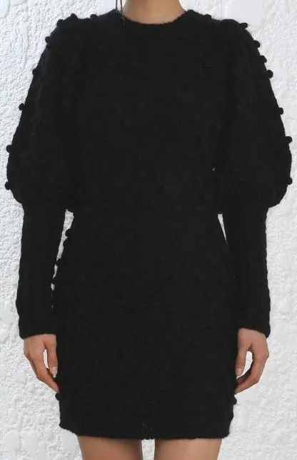 Fleeting Bauble Blouson-Sleeve Dress, Black
