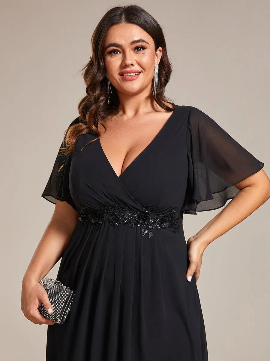 Floral Applique Short Sleeve V-Neck Chiffon Bridesmaid Dress