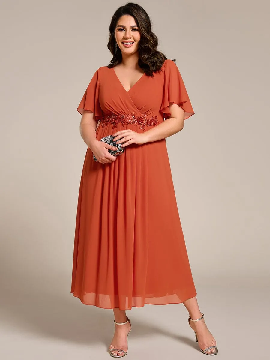 Floral Applique Short Sleeve V-Neck Chiffon Bridesmaid Dress