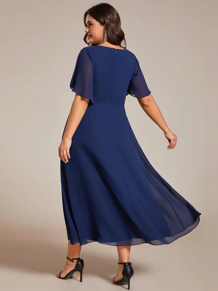Floral Applique Short Sleeve V-Neck Chiffon Bridesmaid Dress