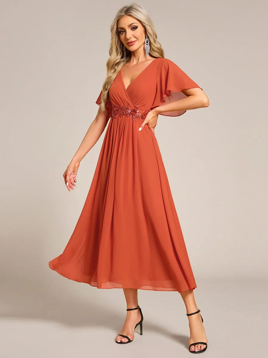 Floral Applique Short Sleeve V-Neck Chiffon Bridesmaid Dress
