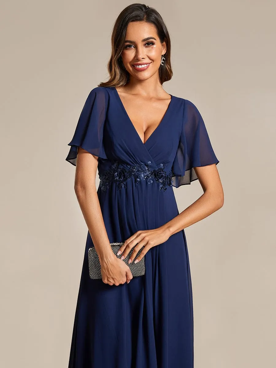 Floral Applique Short Sleeve V-Neck Chiffon Bridesmaid Dress
