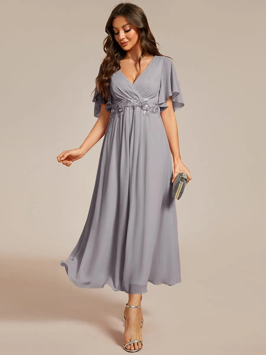 Floral Applique Short Sleeve V-Neck Chiffon Bridesmaid Dress