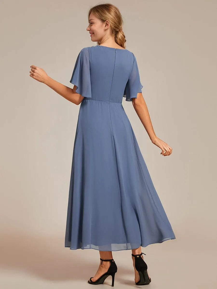 Floral Applique Short Sleeve V-Neck Chiffon Bridesmaid Dress