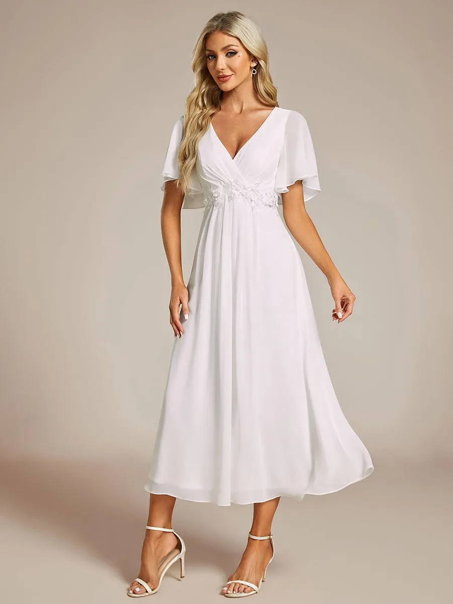 Floral Applique Short Sleeve V-Neck Chiffon Bridesmaid Dress