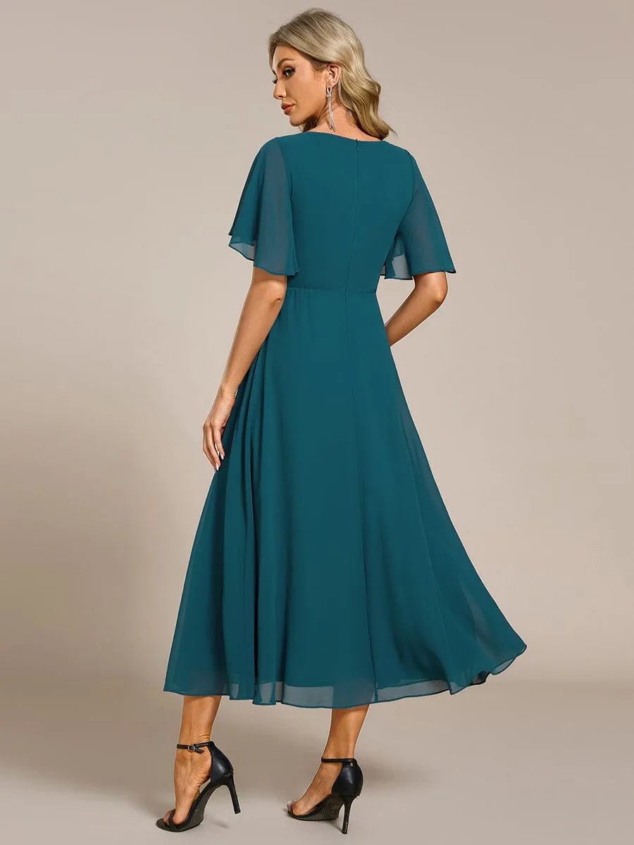 Floral Applique Short Sleeve V-Neck Chiffon Bridesmaid Dress