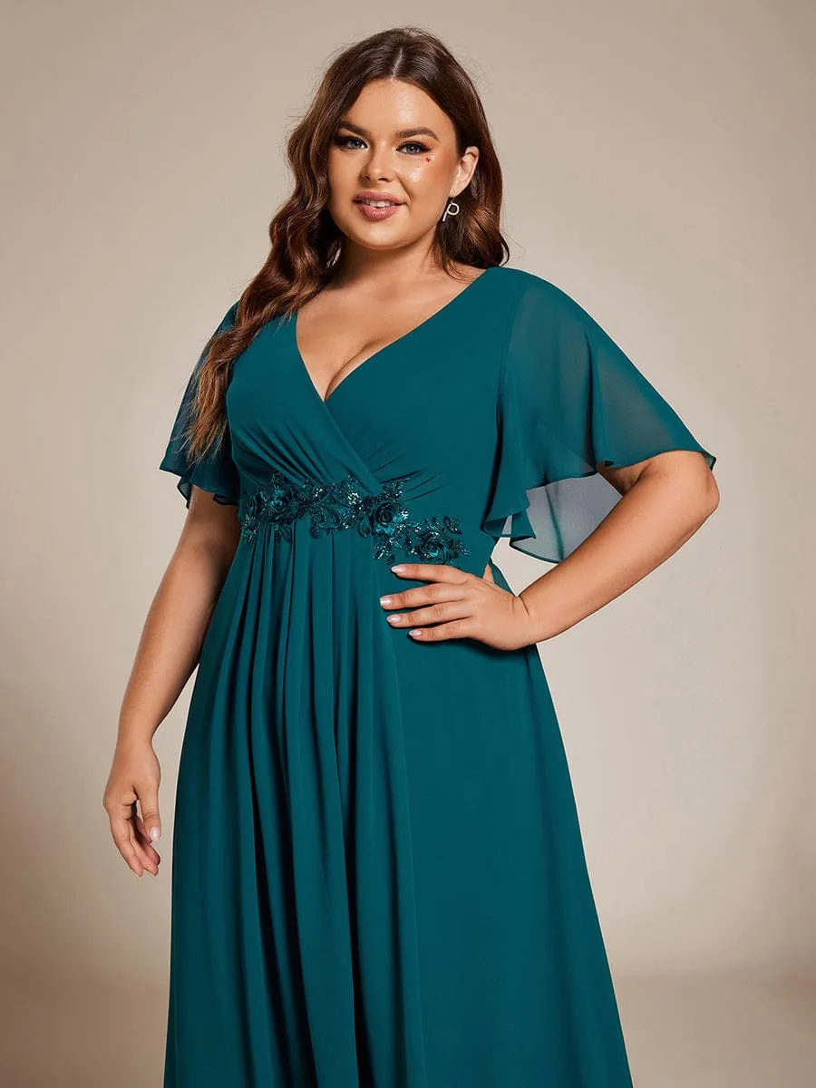 Floral Applique Short Sleeve V-Neck Chiffon Bridesmaid Dress