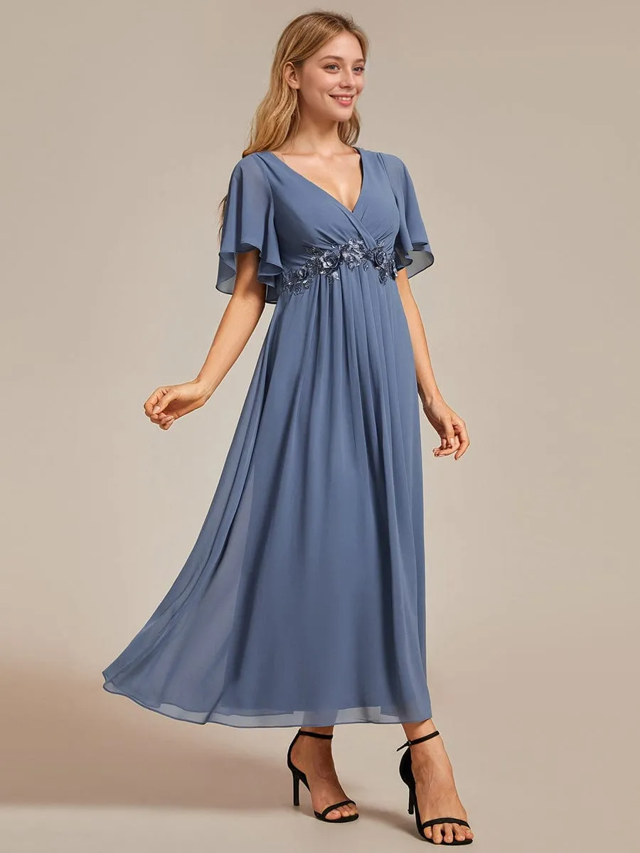 Floral Applique Short Sleeve V-Neck Chiffon Bridesmaid Dress