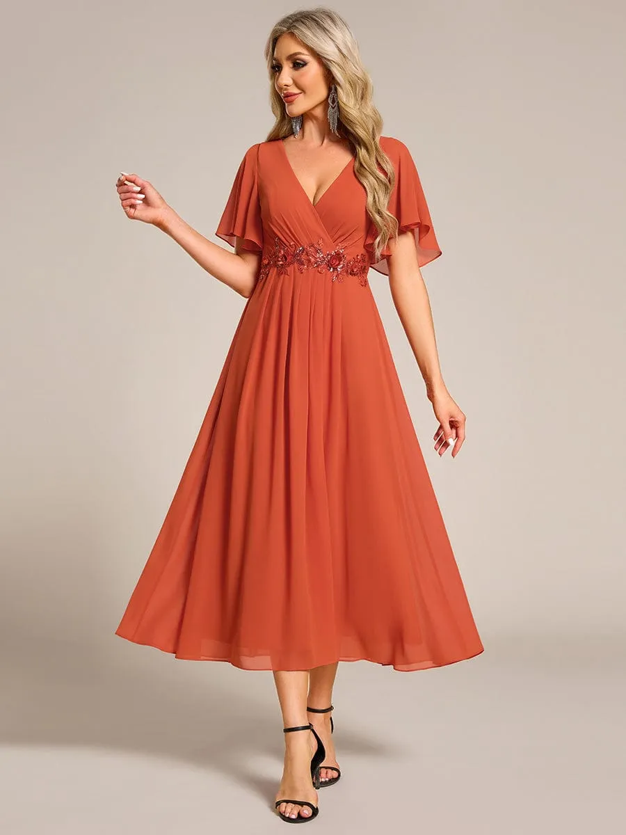 Floral Applique Short Sleeve V-Neck Chiffon Bridesmaid Dress