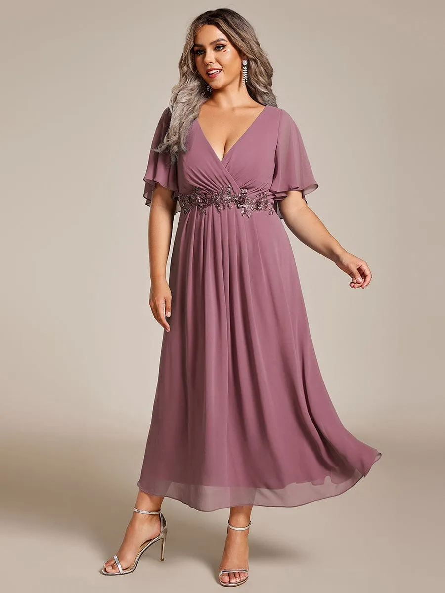 Floral Applique Short Sleeve V-Neck Chiffon Bridesmaid Dress