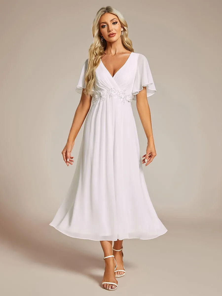 Floral Applique Short Sleeve V-Neck Chiffon Bridesmaid Dress