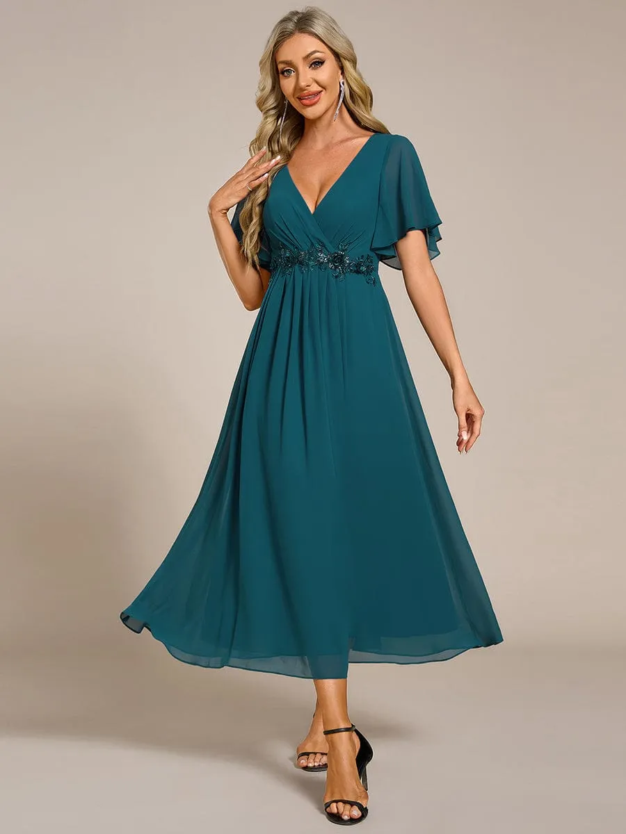 Floral Applique Short Sleeve V-Neck Chiffon Bridesmaid Dress