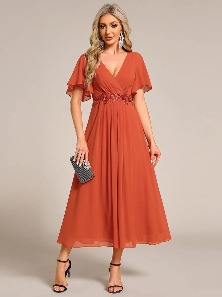 Floral Applique Short Sleeve V-Neck Chiffon Bridesmaid Dress