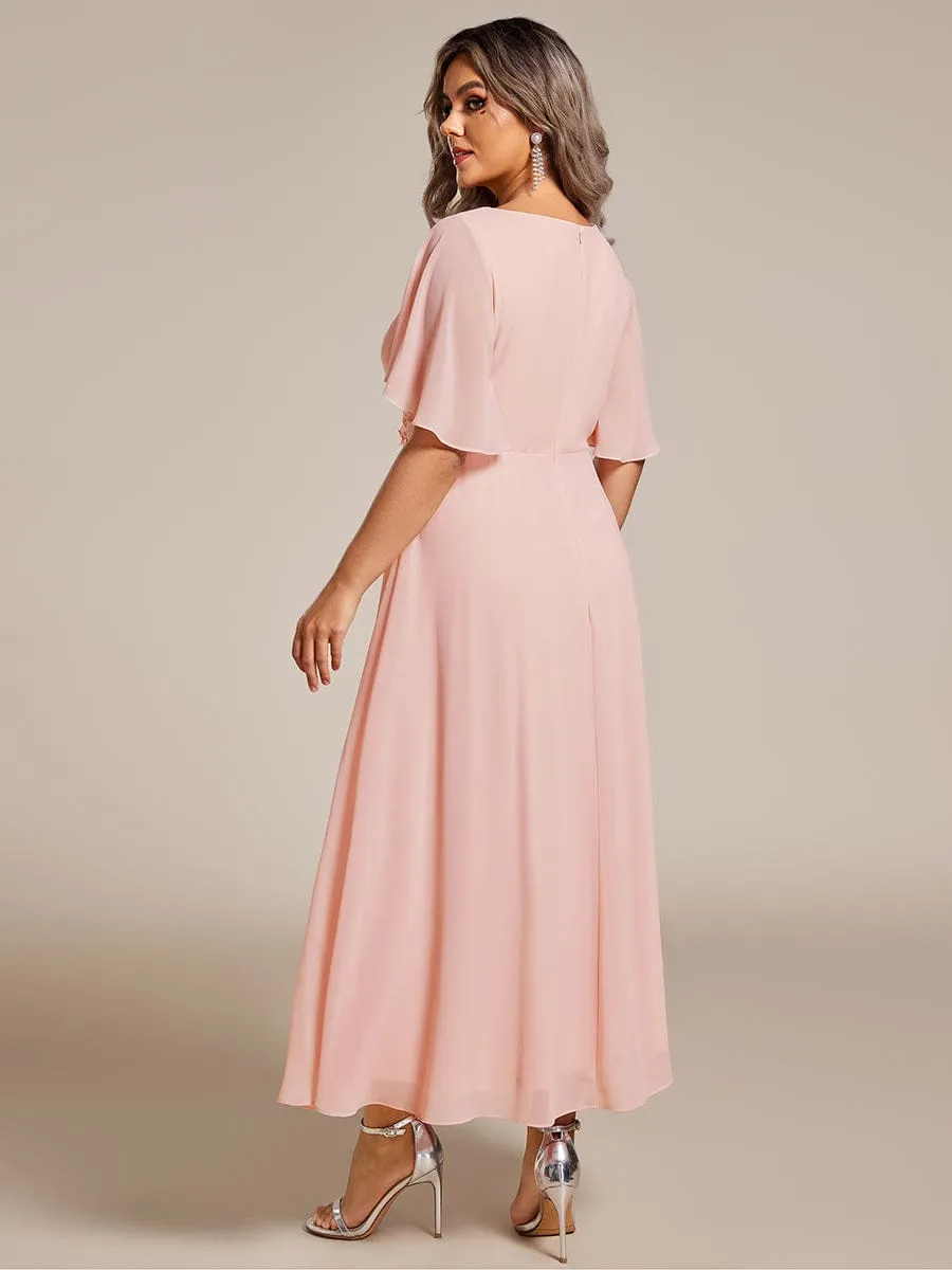 Floral Applique Short Sleeve V-Neck Chiffon Bridesmaid Dress