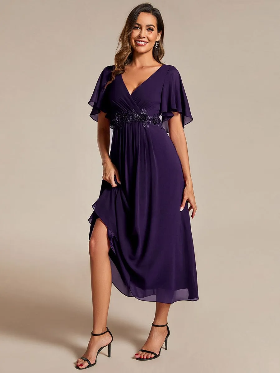 Floral Applique Short Sleeve V-Neck Chiffon Bridesmaid Dress