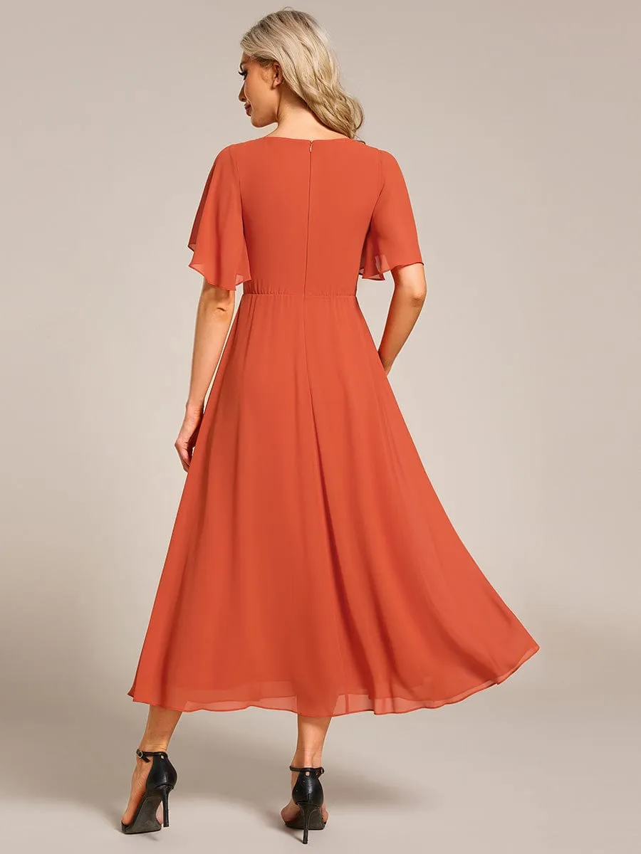 Floral Applique Short Sleeve V-Neck Chiffon Bridesmaid Dress