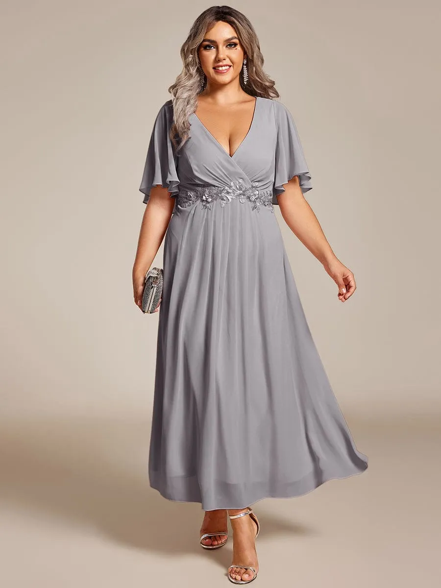 Floral Applique Short Sleeve V-Neck Chiffon Bridesmaid Dress