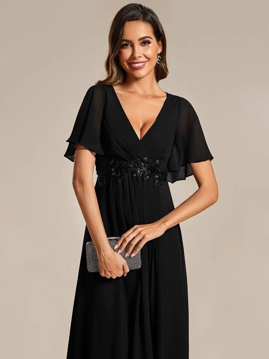 Floral Applique Short Sleeve V-Neck Chiffon Bridesmaid Dress