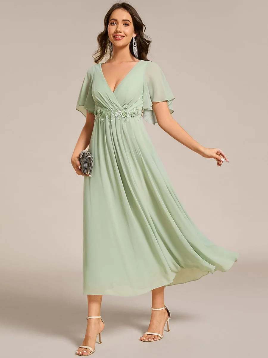 Floral Applique Short Sleeve V-Neck Chiffon Bridesmaid Dress