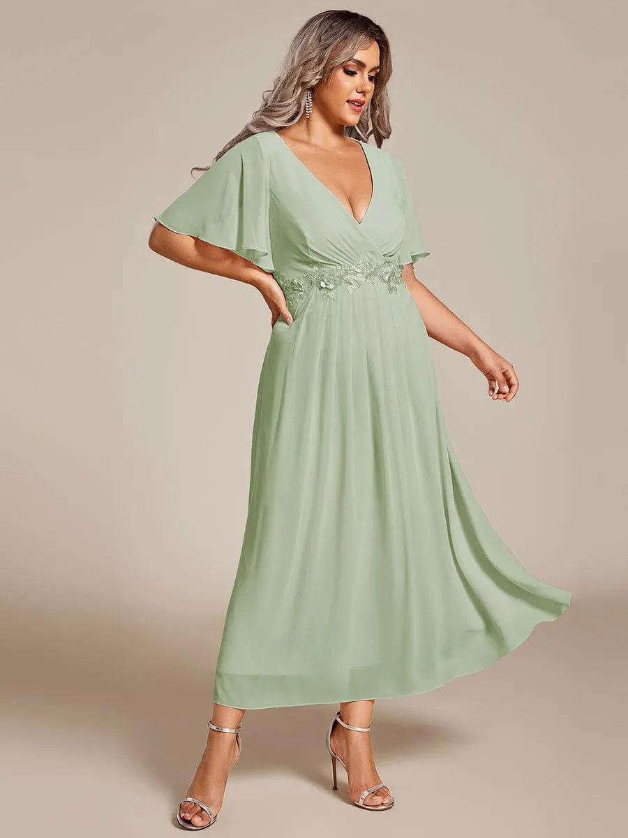 Floral Applique Short Sleeve V-Neck Chiffon Bridesmaid Dress