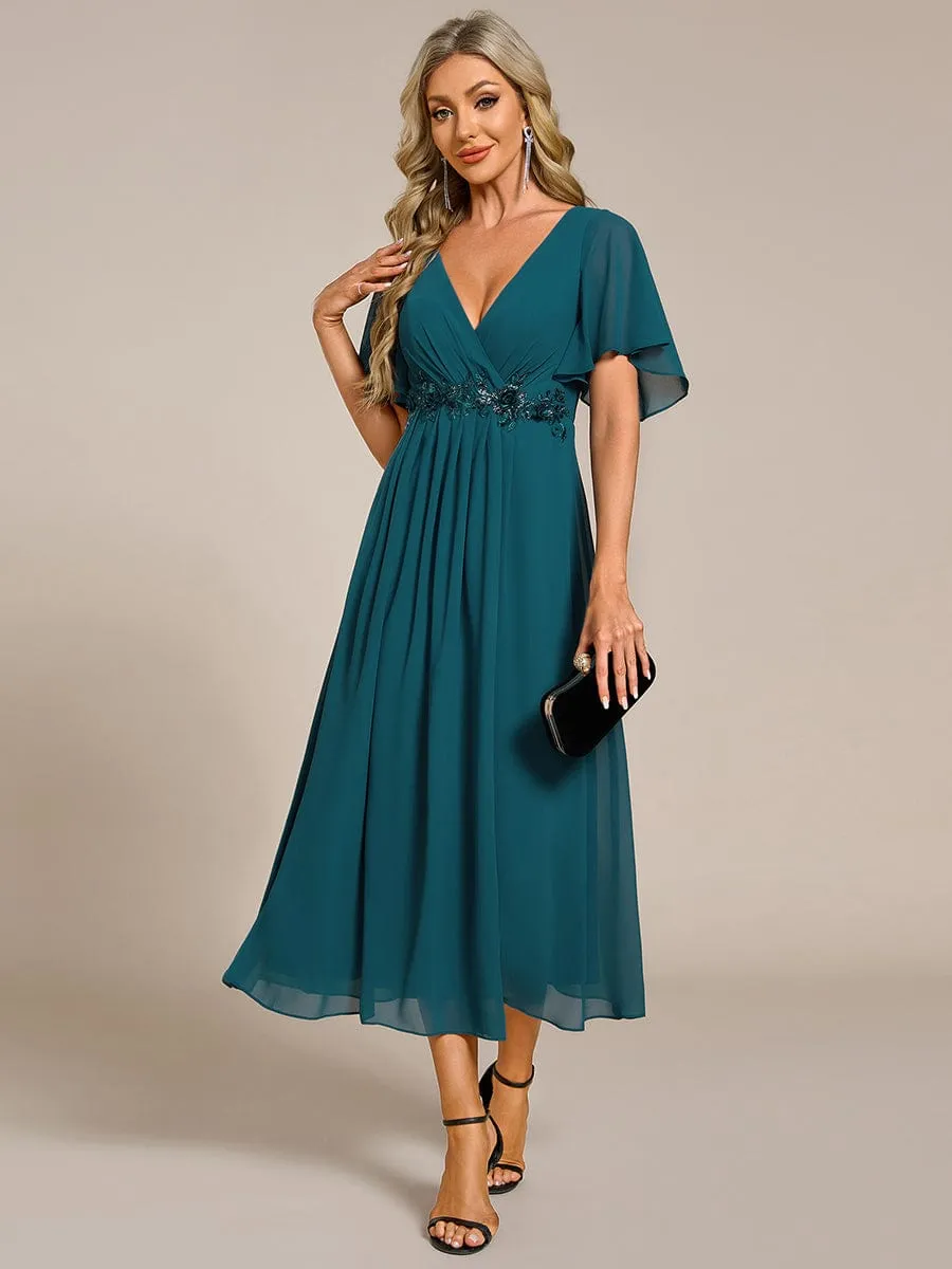 Floral Applique Short Sleeve V-Neck Chiffon Bridesmaid Dress