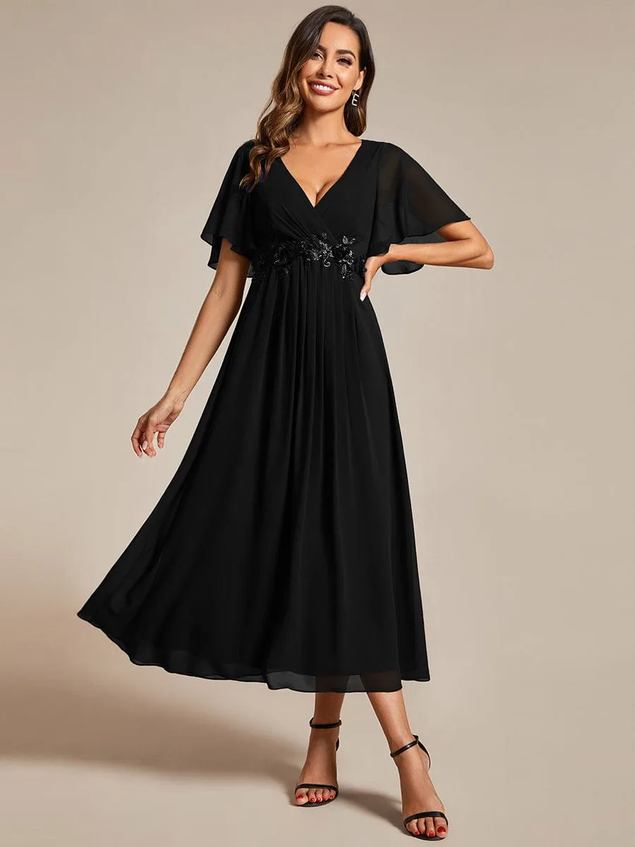 Floral Applique Short Sleeve V-Neck Chiffon Bridesmaid Dress
