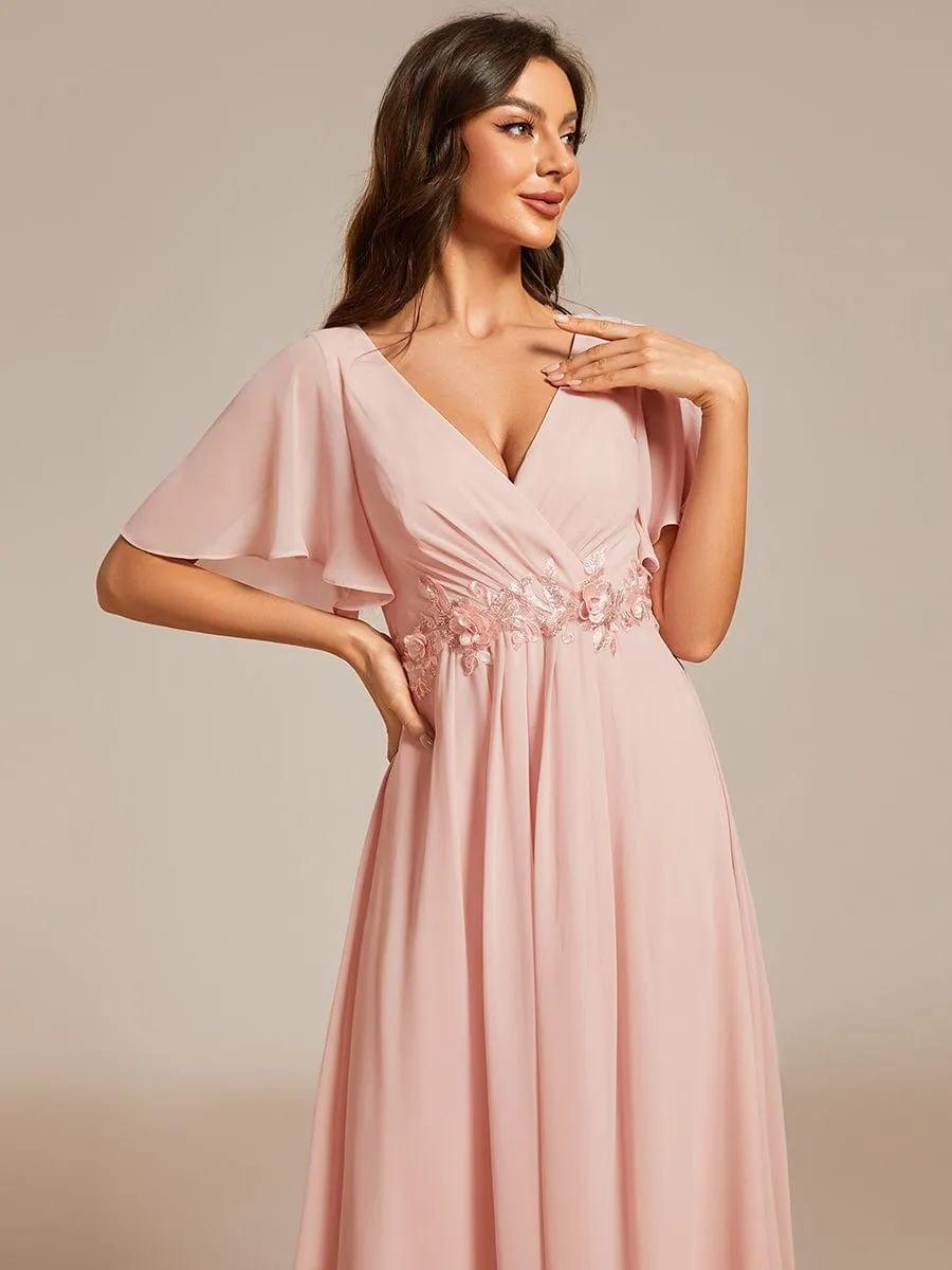 Floral Applique Short Sleeve V-Neck Chiffon Bridesmaid Dress
