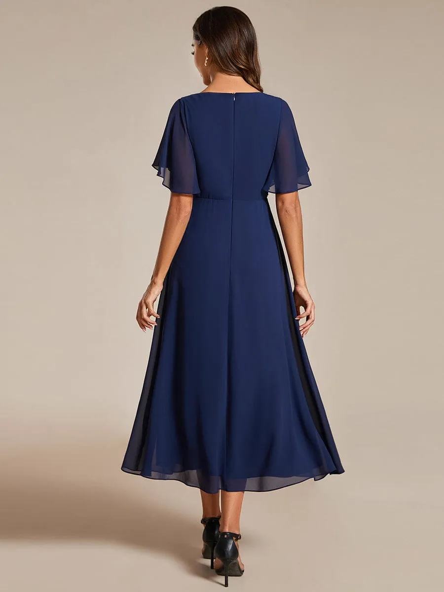 Floral Applique Short Sleeve V-Neck Chiffon Bridesmaid Dress