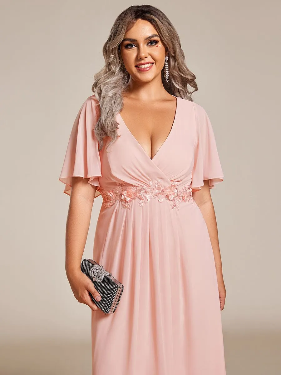Floral Applique Short Sleeve V-Neck Chiffon Bridesmaid Dress