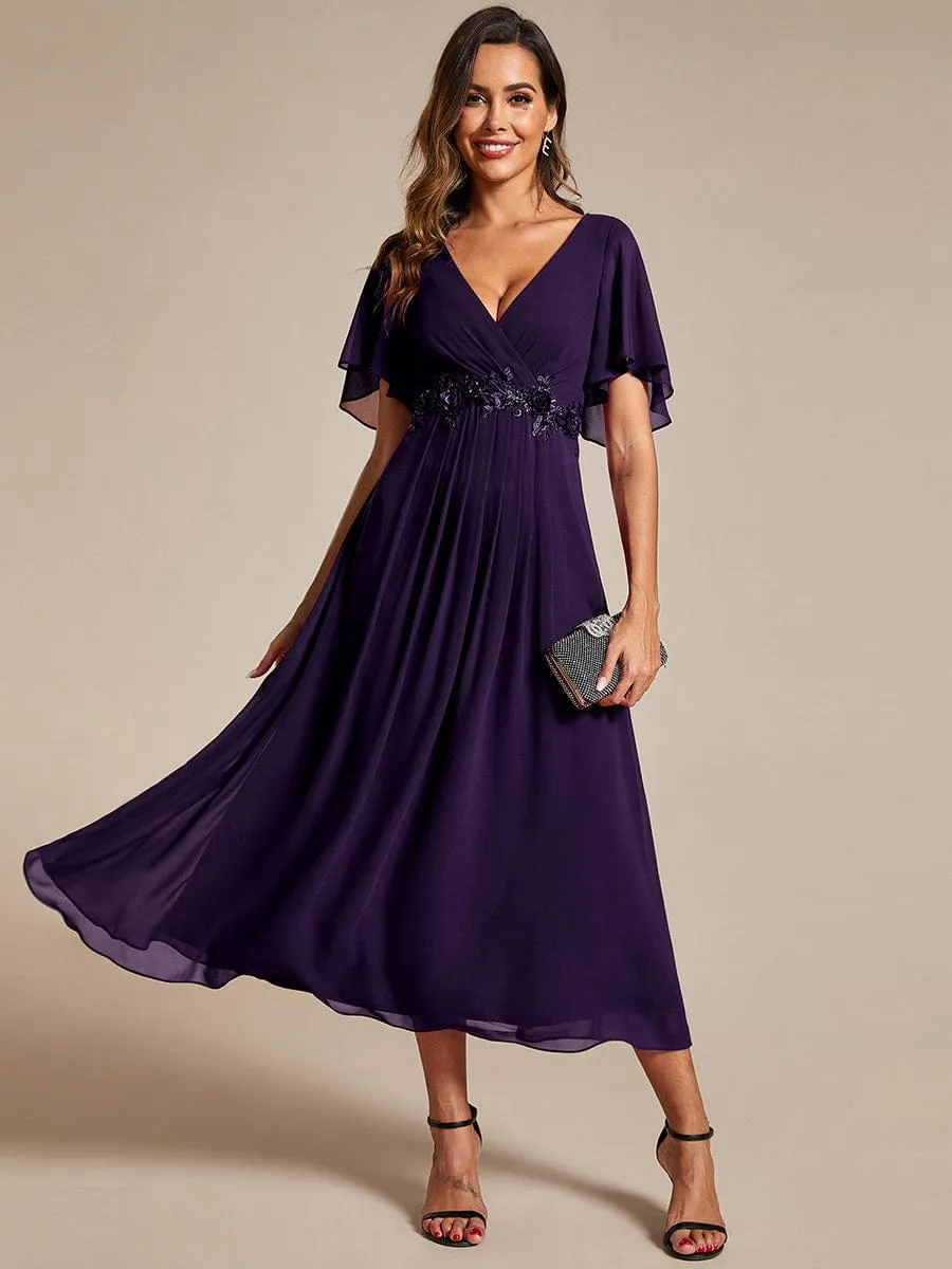 Floral Applique Short Sleeve V-Neck Chiffon Bridesmaid Dress