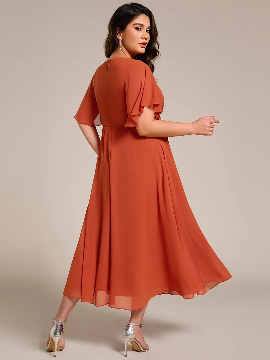 Floral Applique Short Sleeve V-Neck Chiffon Bridesmaid Dress