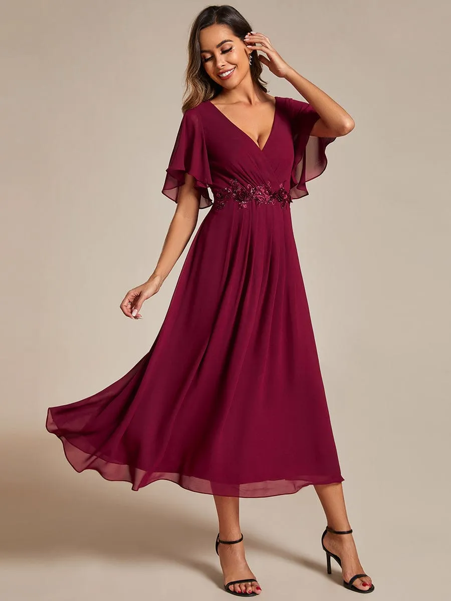 Floral Applique Short Sleeve V-Neck Chiffon Bridesmaid Dress