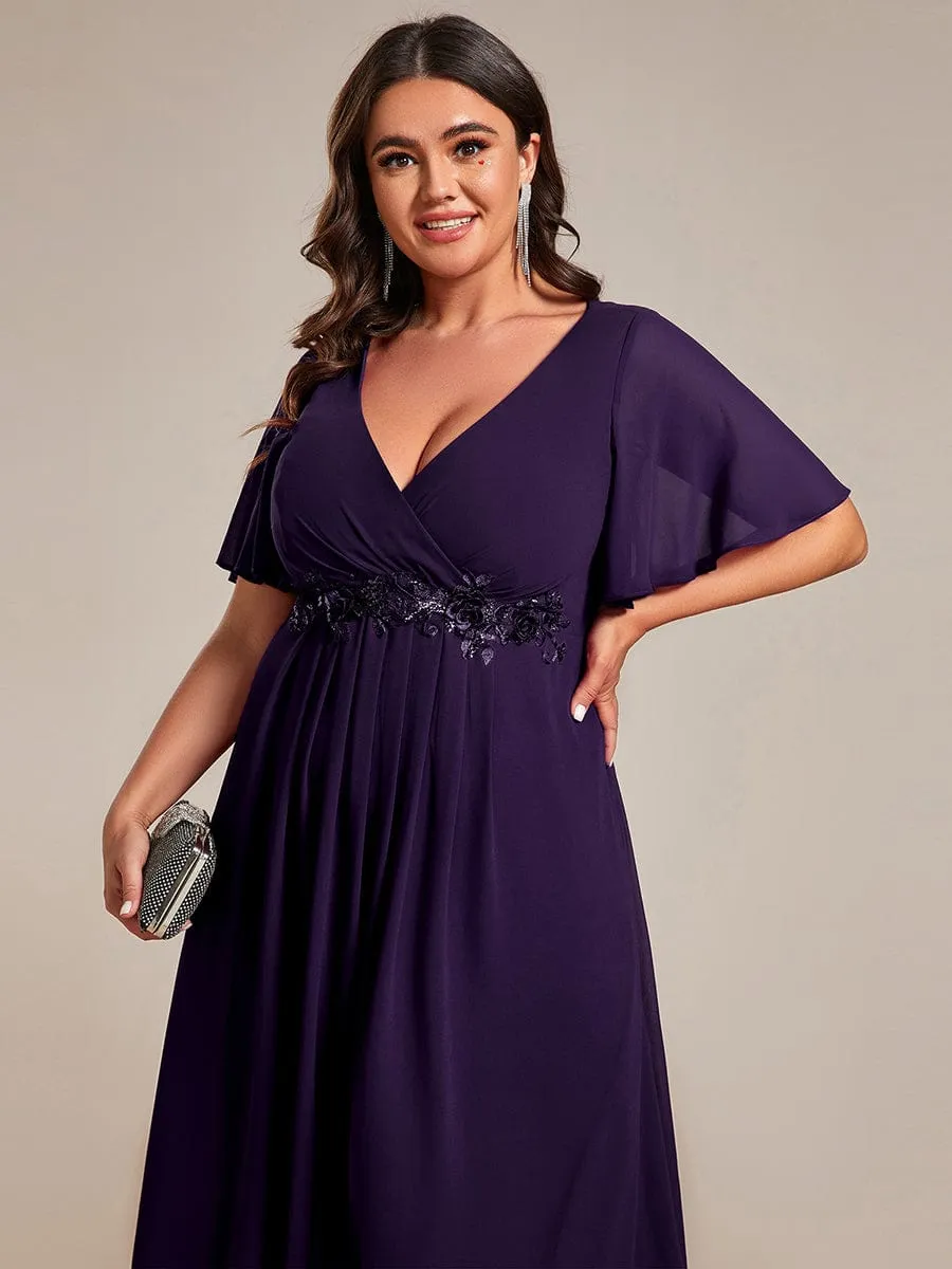 Floral Applique Short Sleeve V-Neck Chiffon Bridesmaid Dress