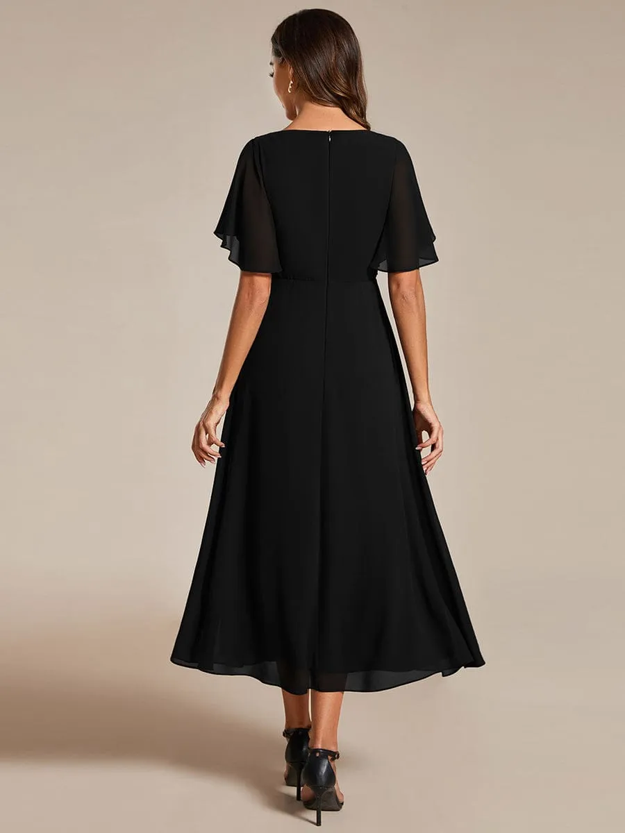 Floral Applique Short Sleeve V-Neck Chiffon Bridesmaid Dress