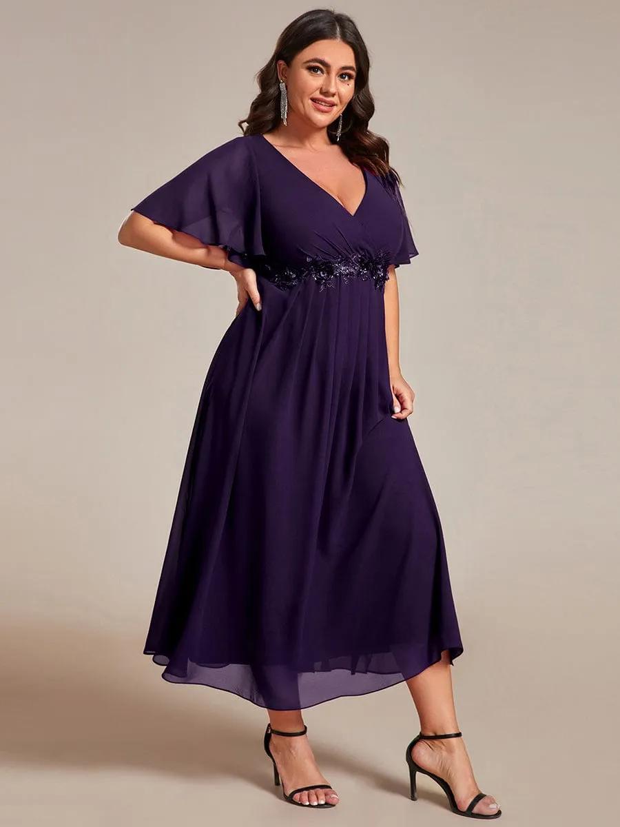 Floral Applique Short Sleeve V-Neck Chiffon Bridesmaid Dress