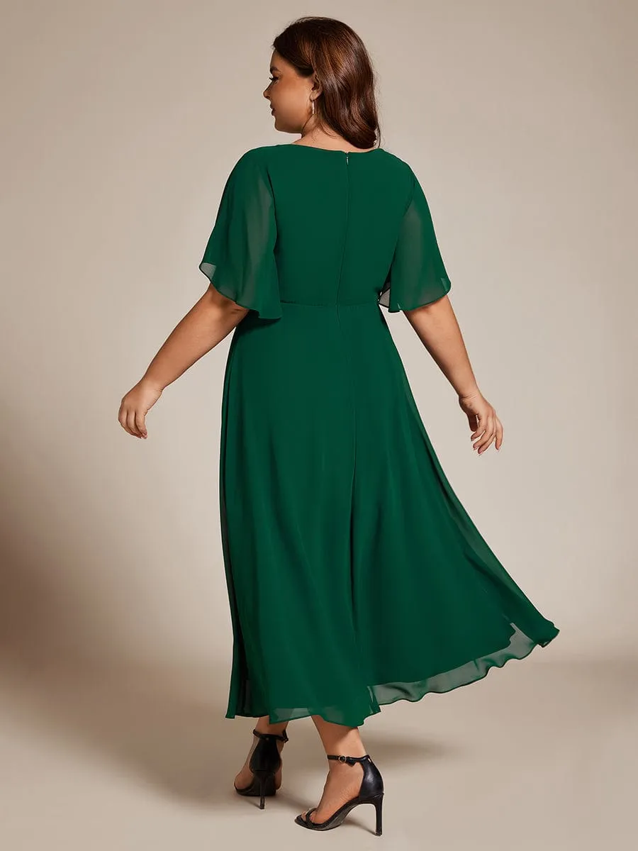 Floral Applique Short Sleeve V-Neck Chiffon Bridesmaid Dress