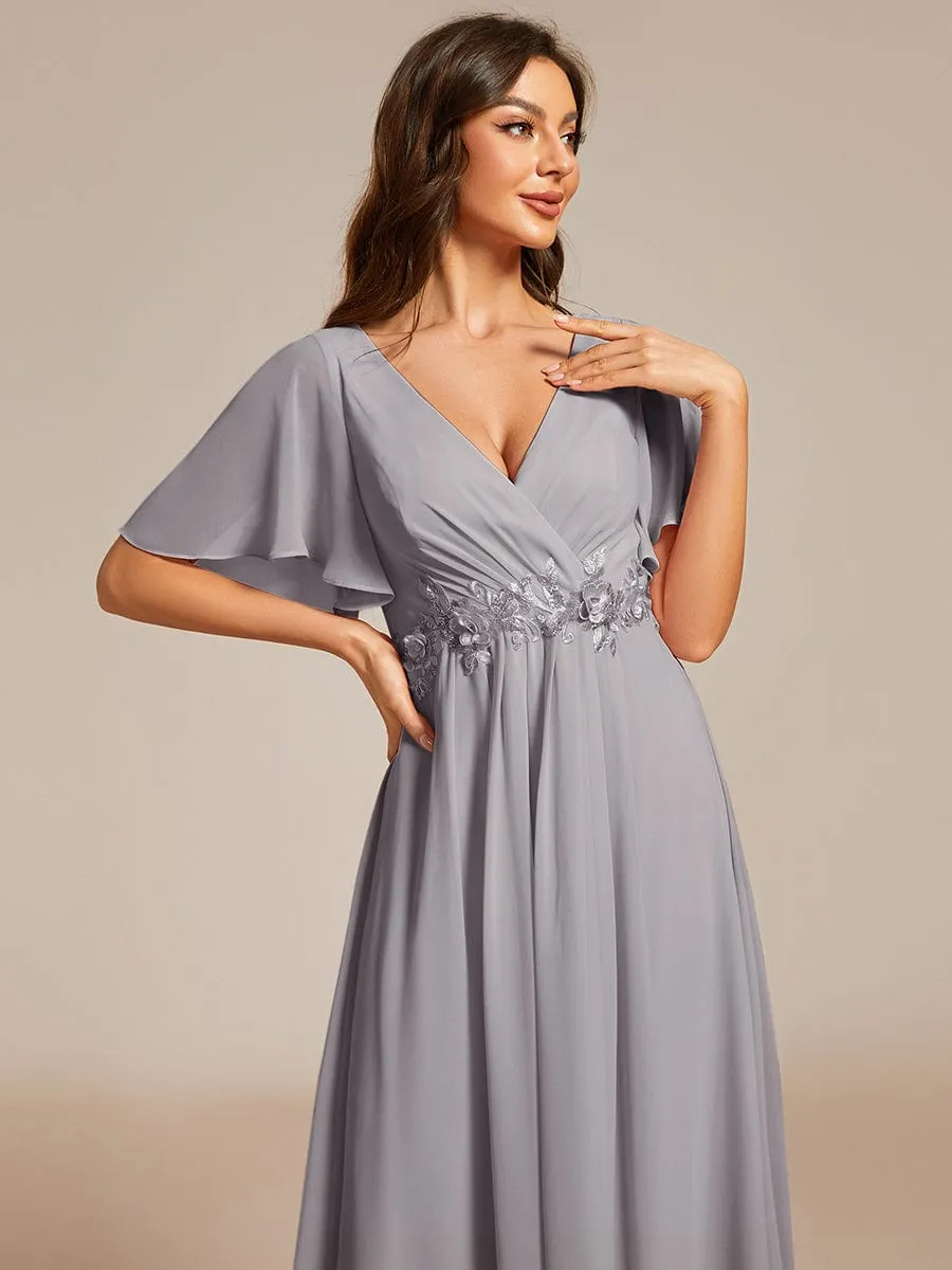 Floral Applique Short Sleeve V-Neck Chiffon Bridesmaid Dress