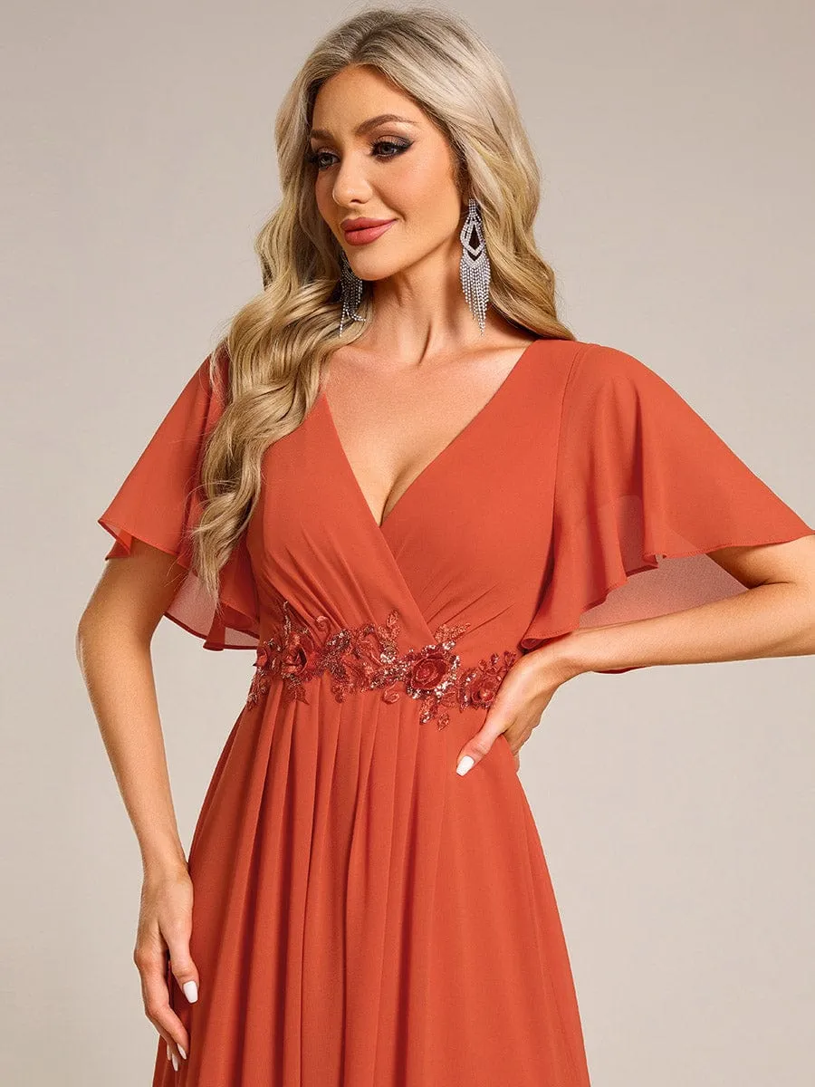 Floral Applique Short Sleeve V-Neck Chiffon Bridesmaid Dress