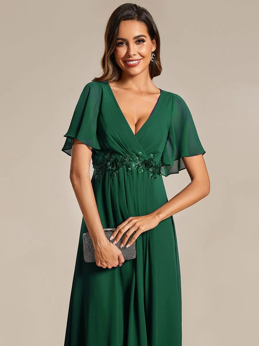 Floral Applique Short Sleeve V-Neck Chiffon Bridesmaid Dress