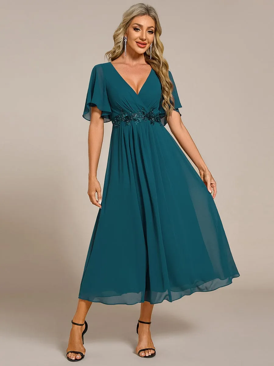 Floral Applique Short Sleeve V-Neck Chiffon Bridesmaid Dress