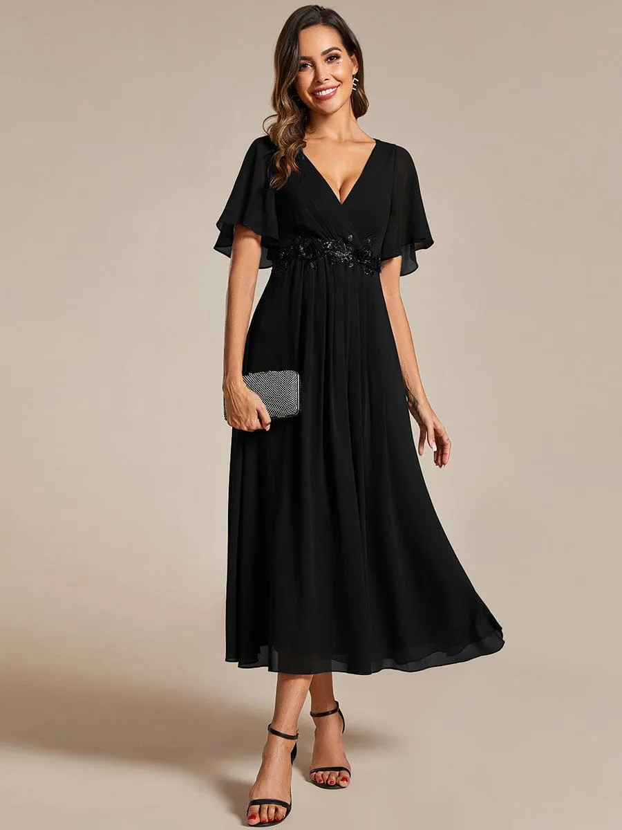 Floral Applique Short Sleeve V-Neck Chiffon Bridesmaid Dress