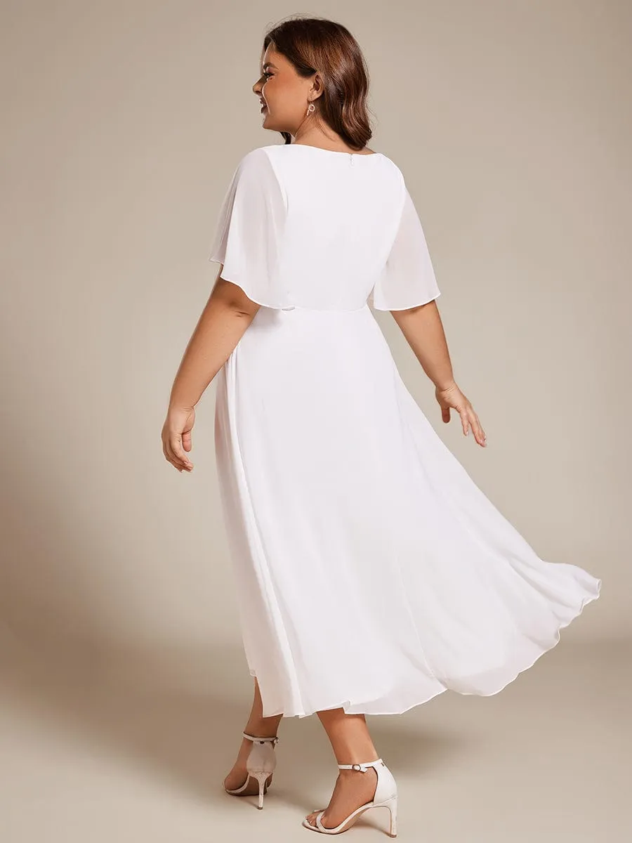 Floral Applique Short Sleeve V-Neck Chiffon Bridesmaid Dress
