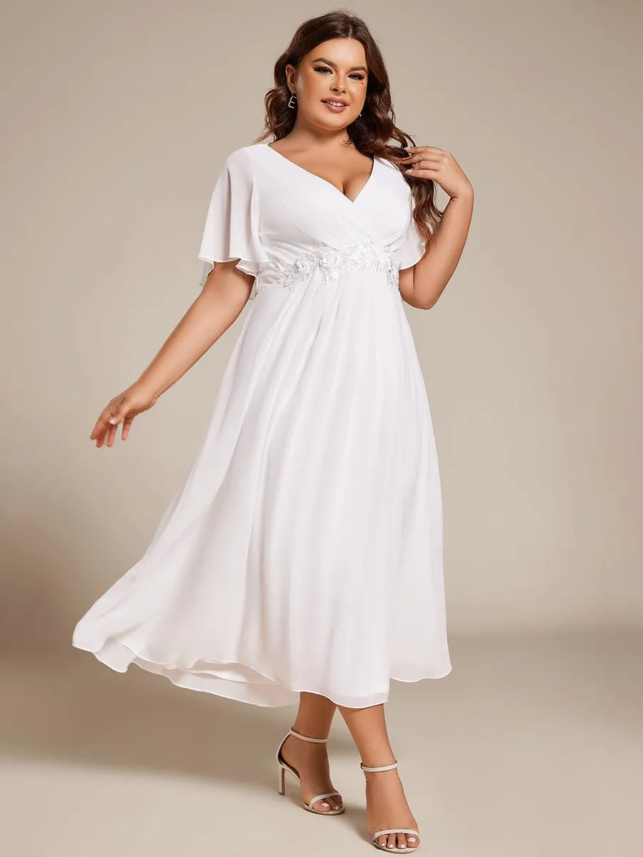 Floral Applique Short Sleeve V-Neck Chiffon Bridesmaid Dress